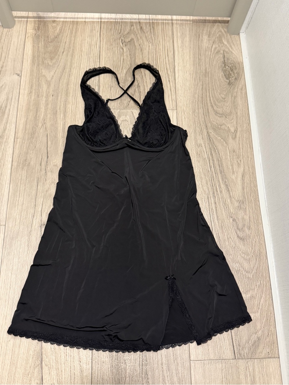 Victoria's Secret Black Lace-Trim Chemise with Crisscross Straps